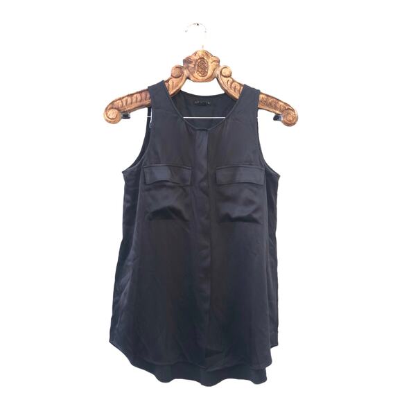 Theory Blouse Black Silk Satin Double Breast Pockets Tank Hidden Front Buttons S - Picture 1 of 9